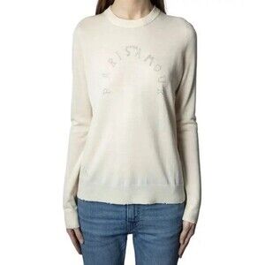 Zadig & Voltaire Miss Paris NWOT 100% Merino Wool Sweater Cream S Rhinestone